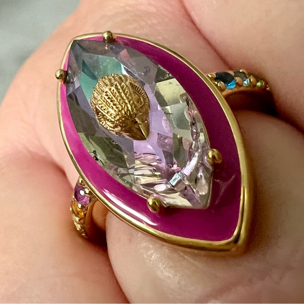 Kurt Geiger Gold and Pink Enamel Marquise Crystal Ring Size 8